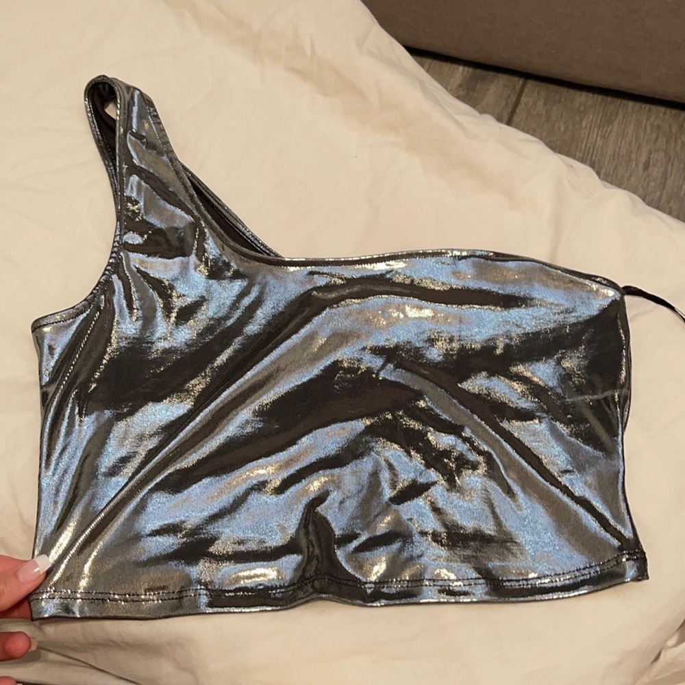 One shoulder metallic top